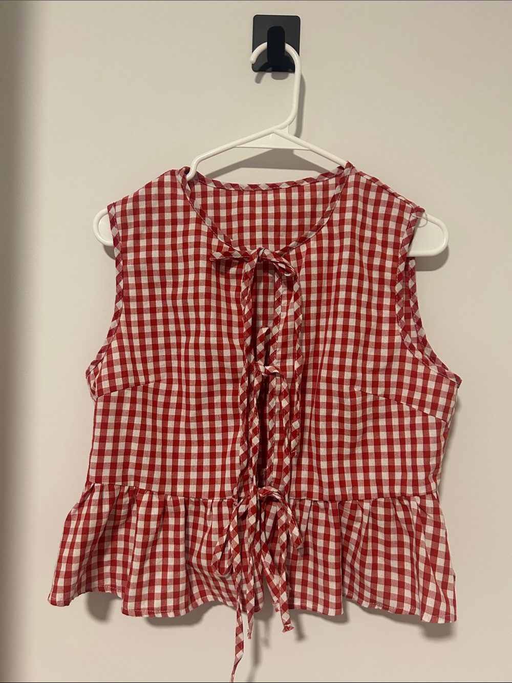Red Gingham Peplum Tie-Front Sleeveless Top